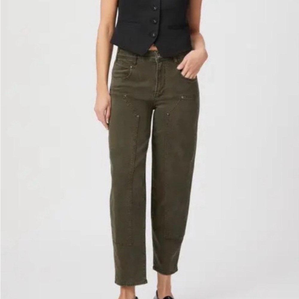Paige Olive Green Denim Barrel Jeans